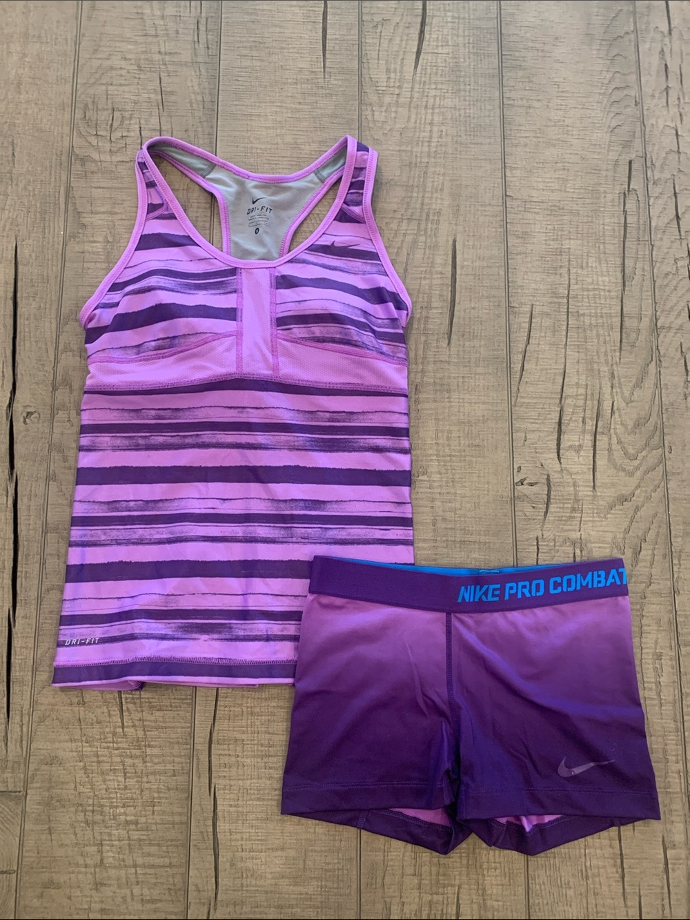 Nike Purple Striped Racerback Tank with Purple Ombre Pro Combat Shorts